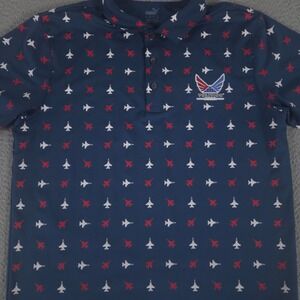 Puma Polo Shirt Men M Blue Volition Pilot Fighter Jet Airplane Print Golf Travel